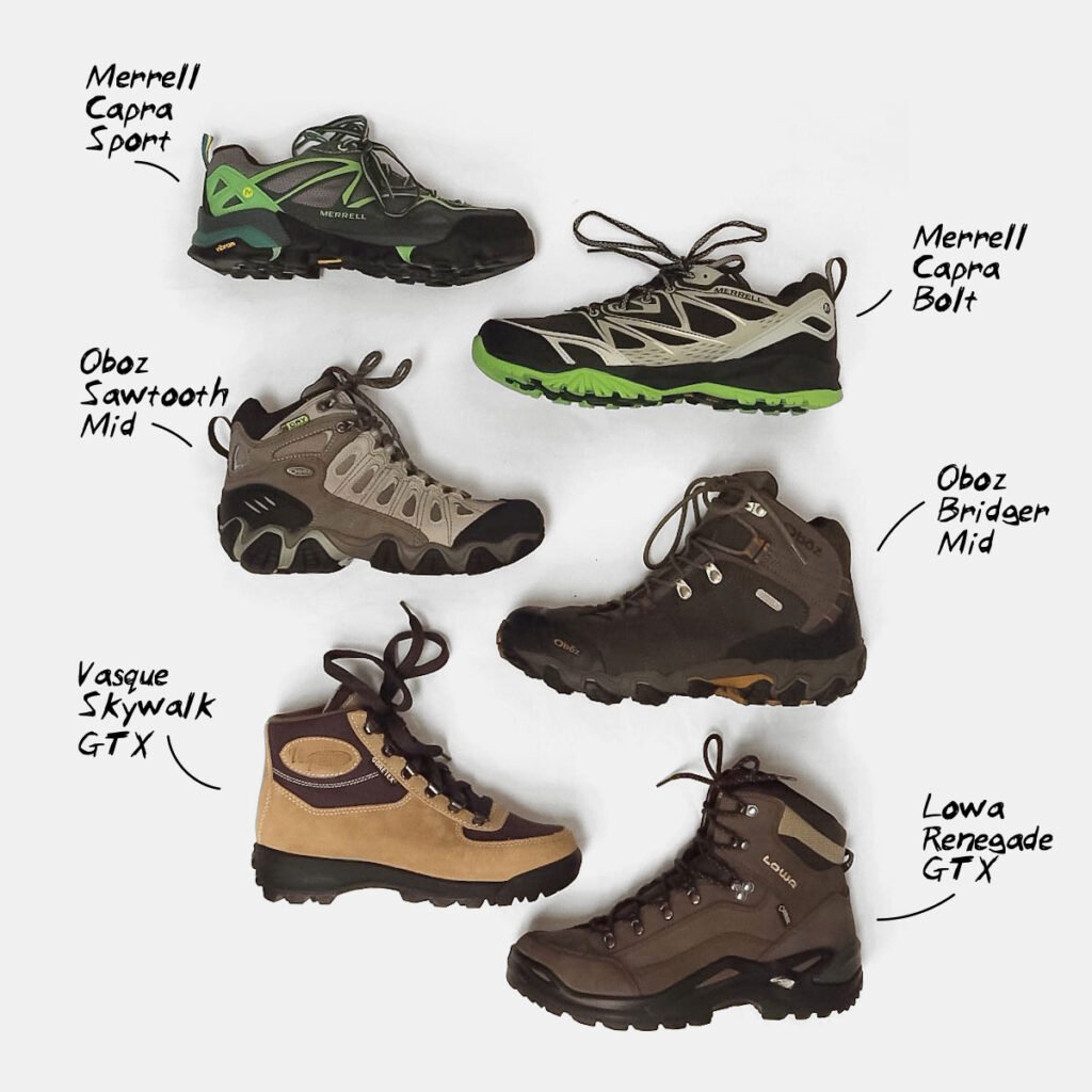 Leather hiking boots on a rocky trail