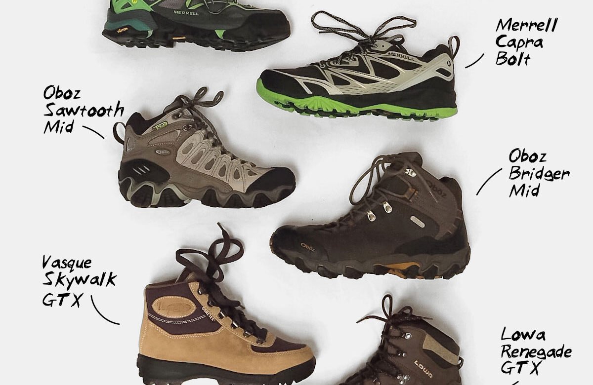 Leather hiking boots on a rocky trail