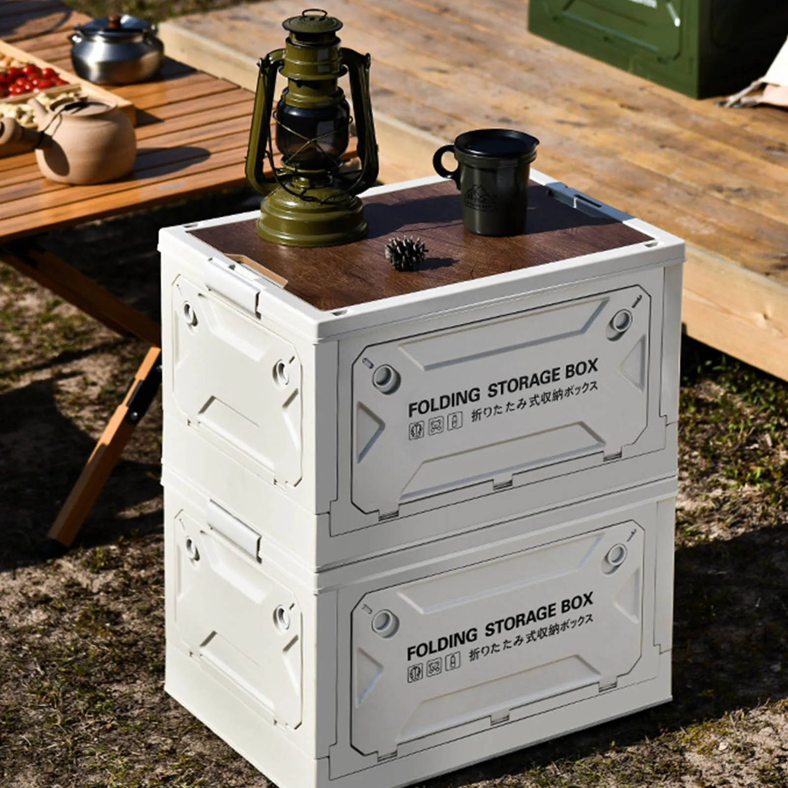 50L Large Capacity Camping Storage Box with Wooden Lid & Wheels – Collapsible, Durable & Portable Organizer - Image 4