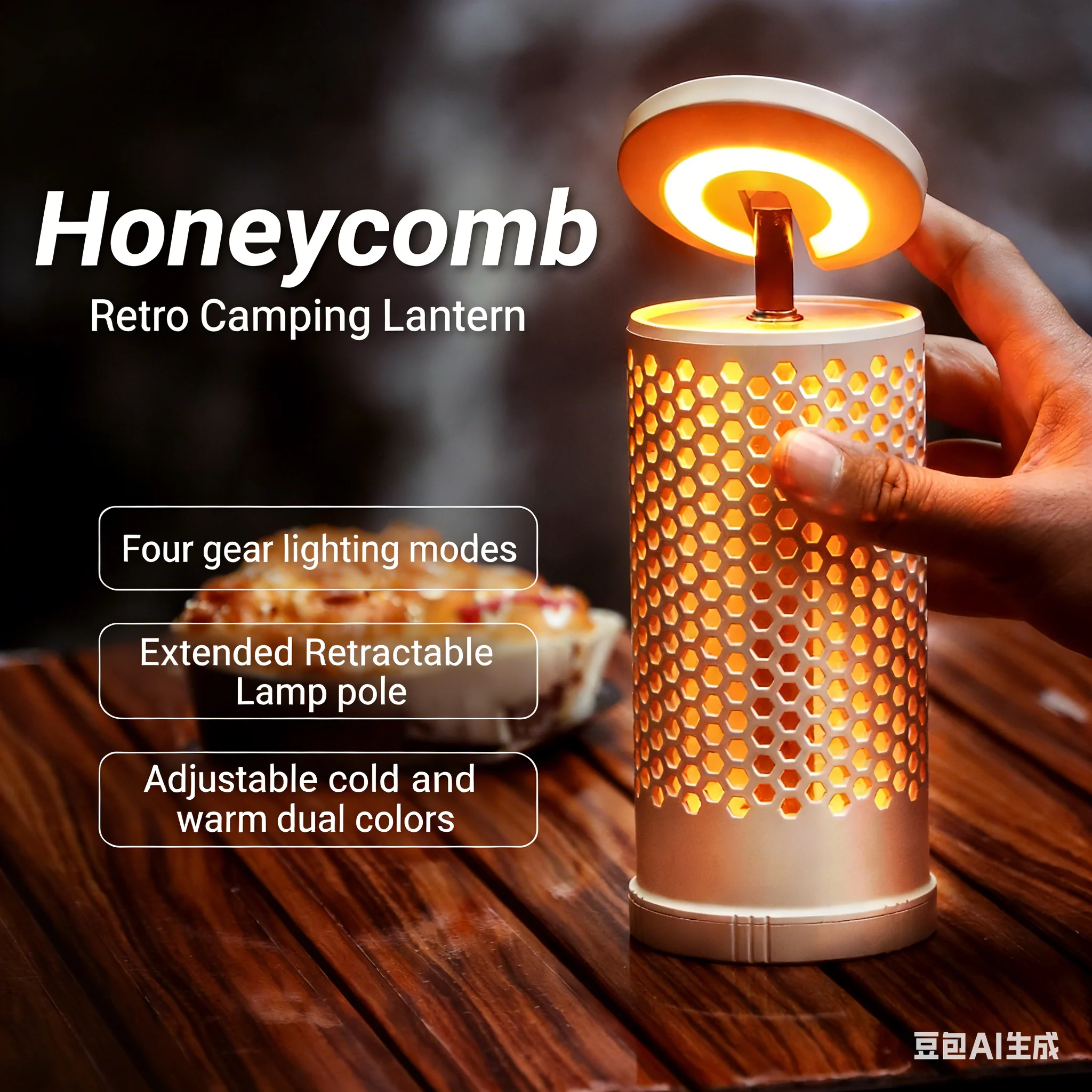 Portable Camping Lantern with Hook – Warm/Cool White, Type-C Rechargeable, 180° Rotatable & Retractable, Battery Display for Camping & Fishing - Image 2