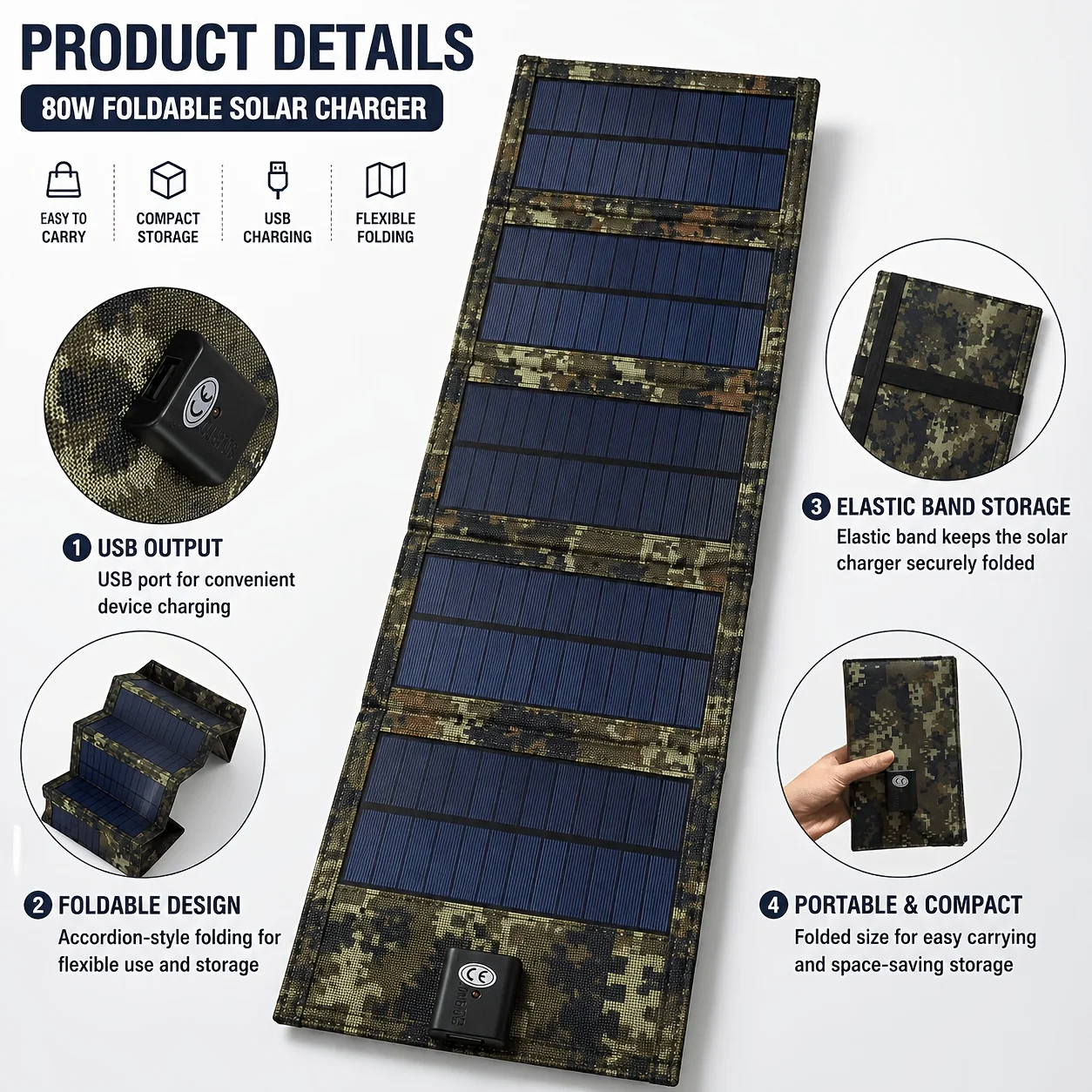 Foldable Portable Solar Panel Charger – Patterned Outdoor Solar Power Bank for Camping, Hiking & Travel - Image 9